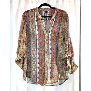 Kut from the Kloth Ladies Blouse Boho Sheer Button down 3/4 sleeves Size XL